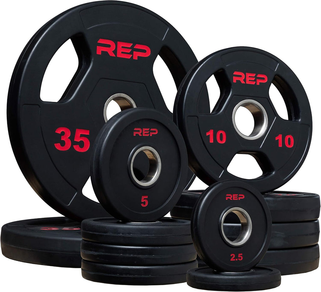REP Fitness Rubber Coated Olympic Plates, Updated Design - Tri-Grip Olympic Barbell Weights – Sold in Pairs and Sets…