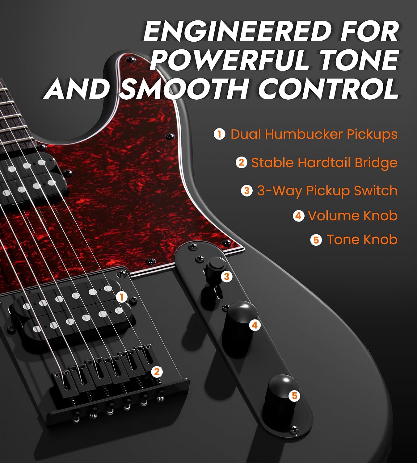 Tostar Electric Guitar: HH Humbuckers, Fixed Hardtail Bridge & Smoked Matte Finish, 3-Way Switch, 39' Solid Body Electric Guitar for Intermediate Players, Guitarra Eléctrica, Black-HH, Standard Series