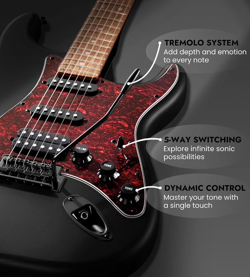 Tostar Electric Guitar Kit with Amp HSS Pickup Beginner Electric Guitar Stratocaster with Gig Bag,Capo,Tremolo, Strap, Picks 39' Full Size Electric Guitars Heavy Metal 6 String for Gifts Satin Black