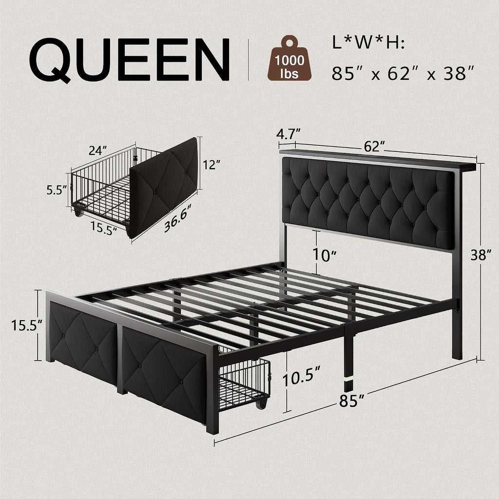 Einhomn Queen Bed Frame with 2 Storage Drawers, Metal Platform Bed with Charging Station, Upholstered Linen Button Tufted Storage Headboard, No Box Spring Needed, Noise-Free, Easy Assembly, Black