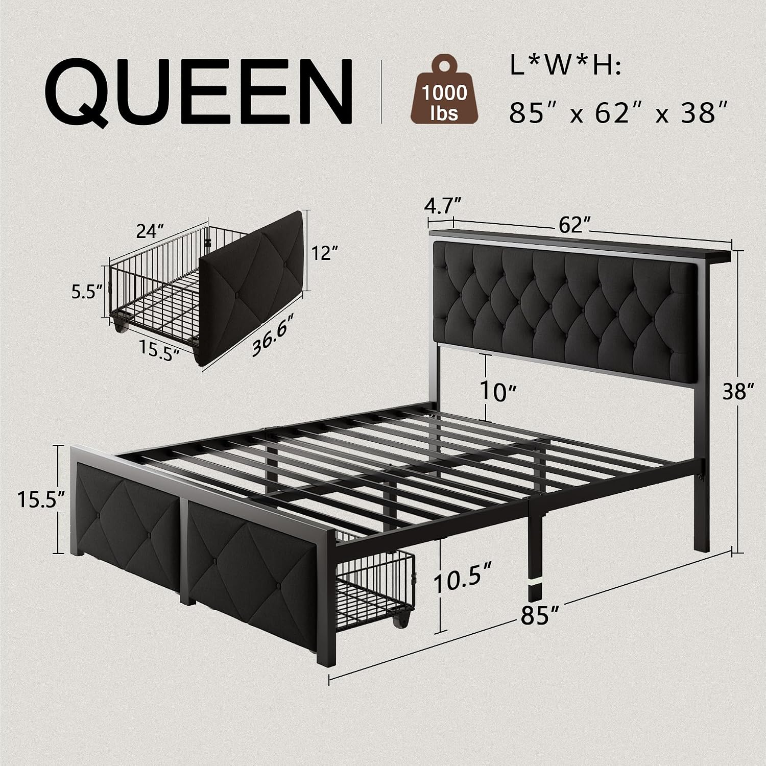 Einhomn Queen Bed Frame with 2 Storage Drawers, Metal Platform Bed with Charging Station, Upholstered Linen Button Tufted Storage Headboard, No Box Spring Needed, Noise-Free, Easy Assembly, Black
