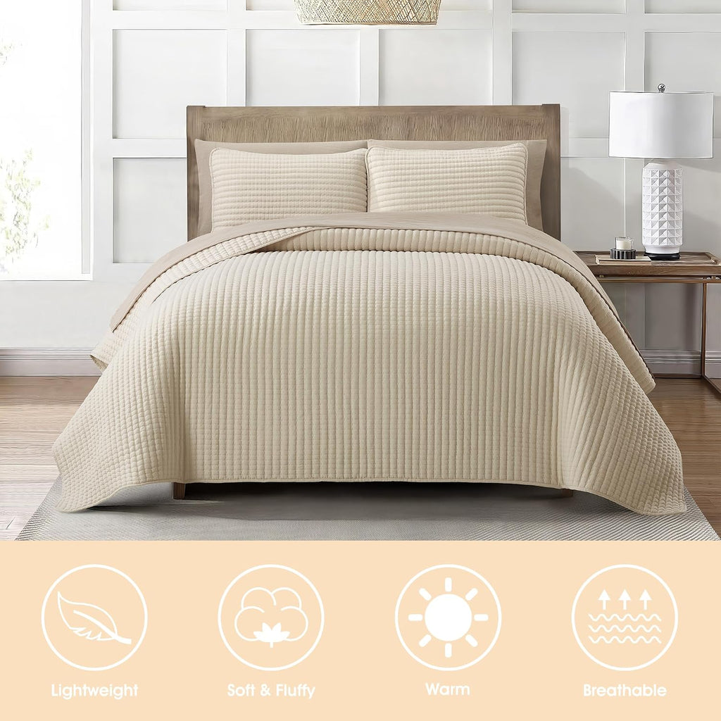 LANCO MODERN LIFESTYLE 7 Piece King Quilt Set, Beige, Microfiber Solid Striped Bedding Set, Soft and Luxury Bed in a Bag, Includes Quilt, Pillow Shams, Flat Sheet, Fitted Sheet, and Pillowcases