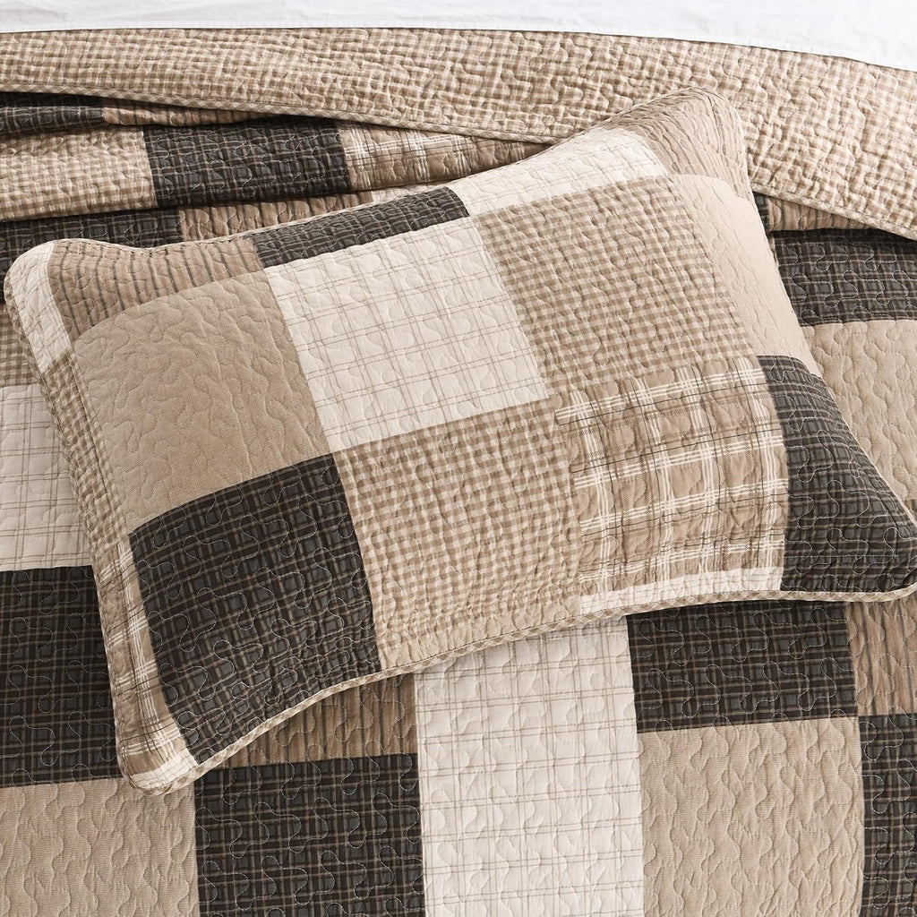 Plaid Bedspread 120'x120' Oversized King Bedspread, 100% Cotton California King Quilt with 2 Pillow Shams, Lightweight Farmhouse Quilted Bedspreads Coverlet Set, Brown/Beige/Cream, 3 Pcs