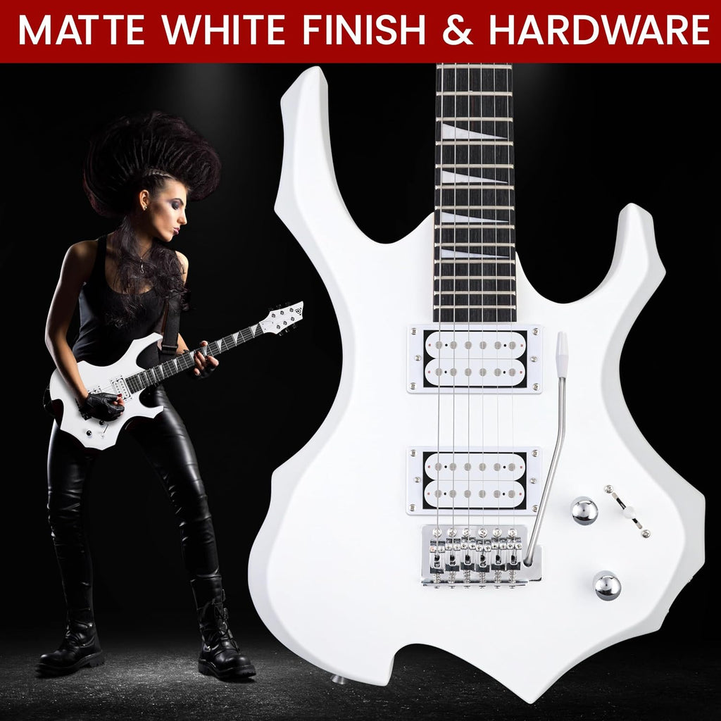 Pyle Heavy Metal EG Fire Electric Guitar Axe w/ Amplifier Kit, Full Size Instrument w/ Practice Amp & Accessories, Metal Axe, White