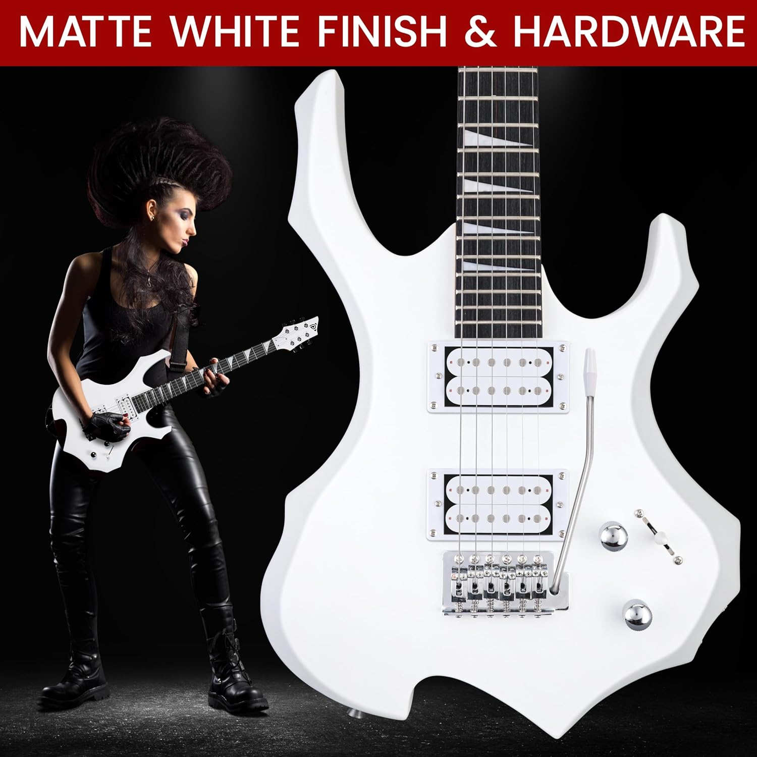 Pyle Heavy Metal EG Fire Electric Guitar Axe w/ Amplifier Kit, Full Size Instrument w/ Practice Amp & Accessories, Metal Axe, White