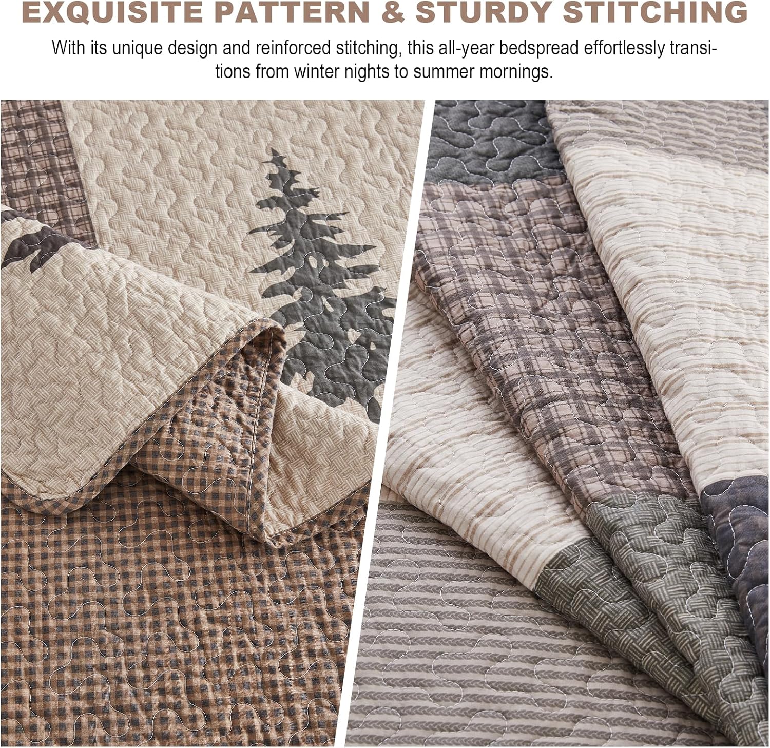 Oversized Queen Bedspreads 120x102, 100% Cotton Extra Large Quilt, Forest Tree Bear Deer Pattern, Lightweight Plaid Quilted Coverlet Bedding Set, 3 Pcs, All Season, Brown/Beige/Green