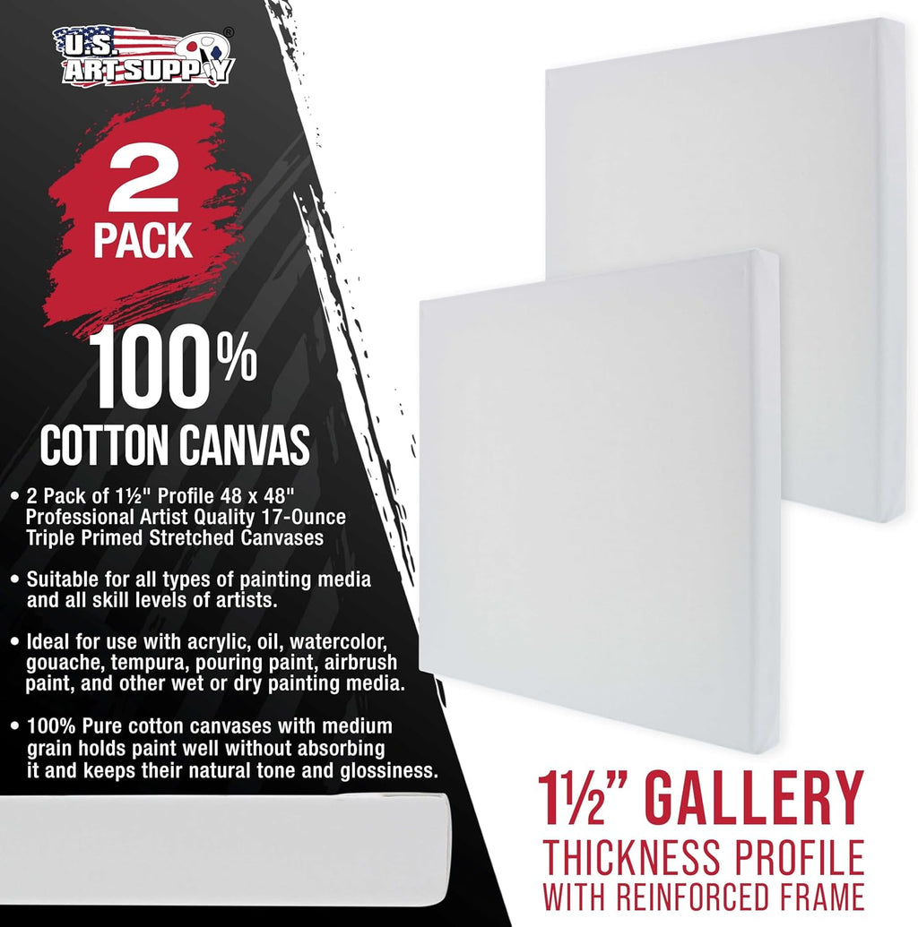 U.S. Art Supply X-Large Stretched Canvas for Painting 48x48 inch Gallery Depth 1-1/2' Thick, 2-Pack - 12oz Acrylic Gesso Triple Primed, Professional Artist Quality, 100% Cotton - Oil, Pouring Paint