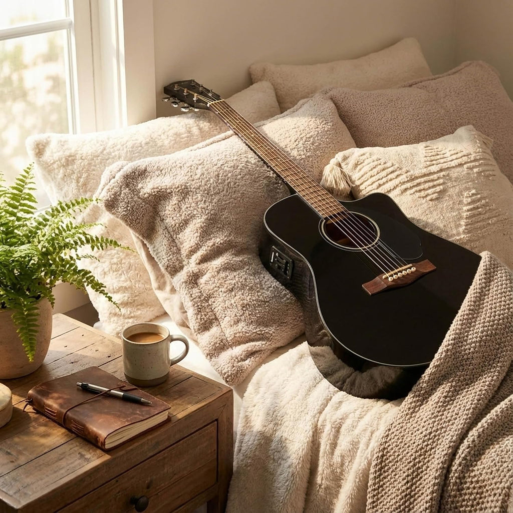 Fender CD-60SCE Solid Top Dreadnought Acoustic-Electric Guitar - Black Bundle with Hard Case, Instrument Cable, Tuner, Strap, Strings, Picks and Austin Bazaar Instructional DVD