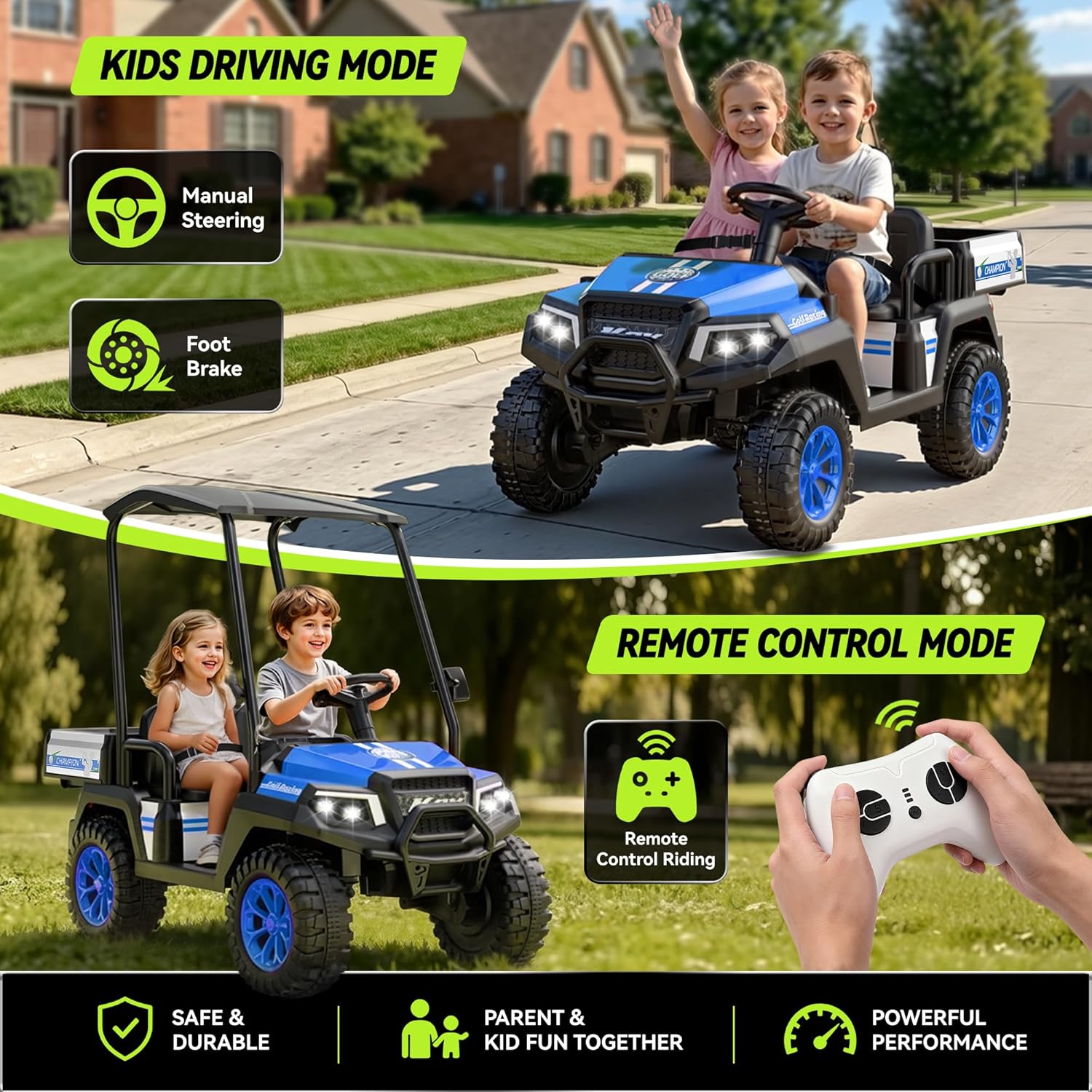 24V Kids Golf Cart w/Detachable Awning–4WD 2 Seater Ride on Car w/Large Storage Trunk, Remote Control, 3 Speeds, Music Player, LED Lights, Ride On Toys, Gift for Kids Ages 3-8((Blue)