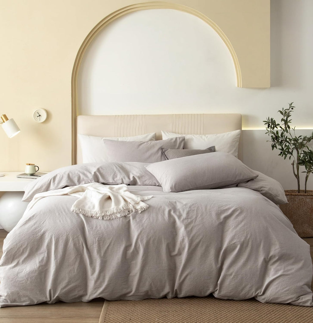 JIYUAN Super King Plus Duvet Cover Set, 3-Piece - 100% Washed Cotton, Linen-Like Soft & Breathable with Zipper Closure, Includes 120x120 Inch Cover & 2 Pillowcases, Heathered Cream Grey