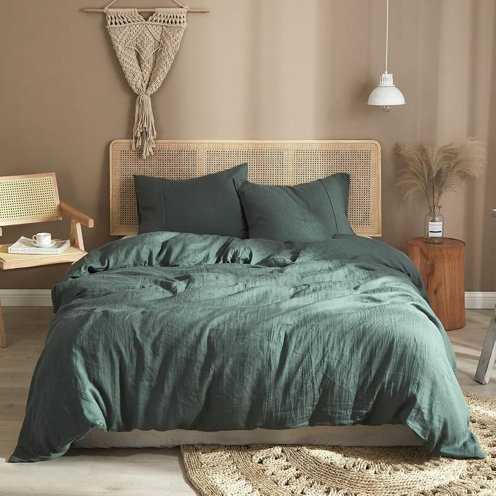 Ivellow Green Linen Duvet Cover King - 100% Pure French Flax Linen - Soft, Breathable, Natural - King Size Duvet Cover & 2 Pillow Shams