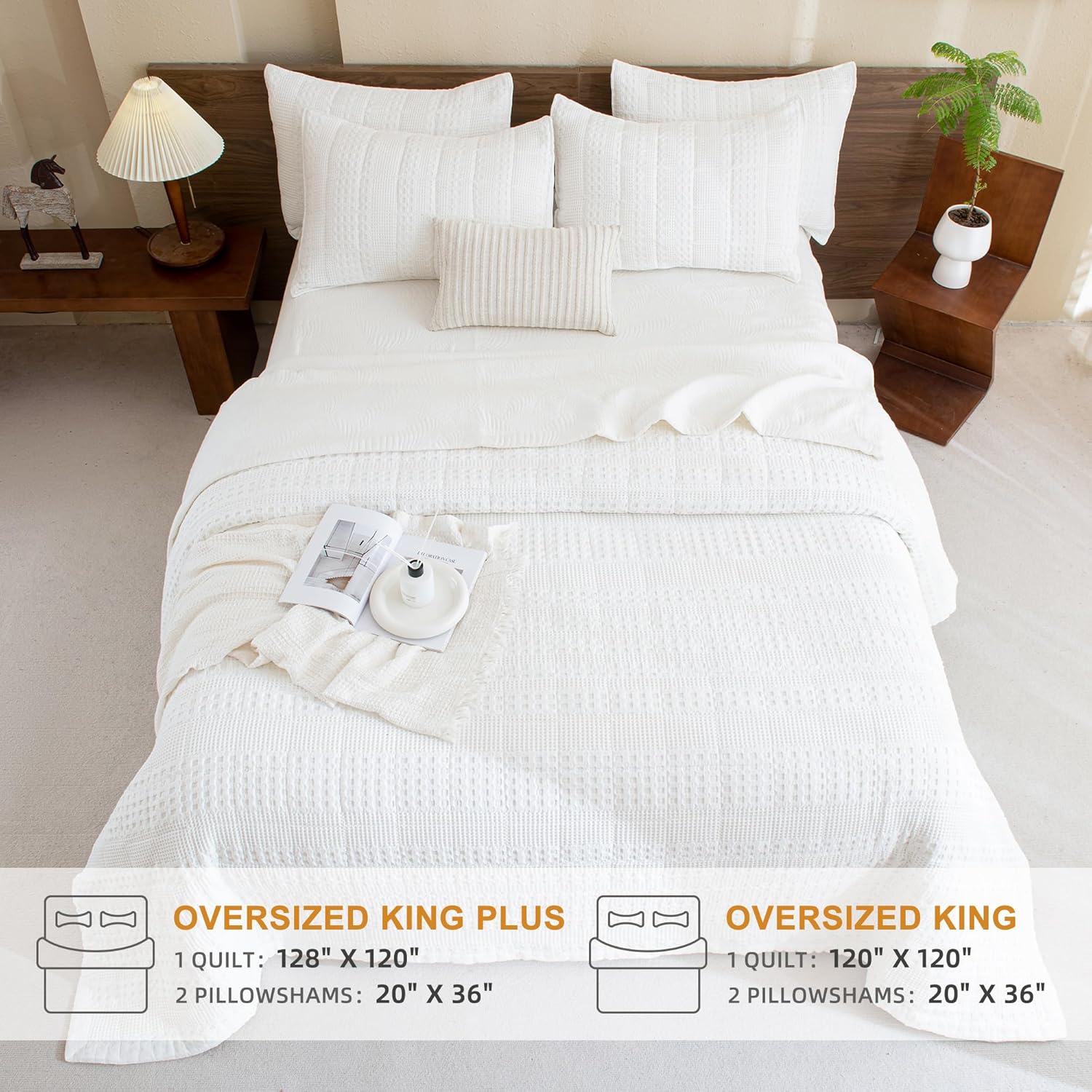 Sanracie Cotton Oversized King Bedspread(120'x120'),White Waffle Quilt Set 3Pcs Soft Lightweight Extra Large King Quilt Bedding Set,Farmhouse Coverlet Quilt Set Shabby Vintage Chic Bedding Set
