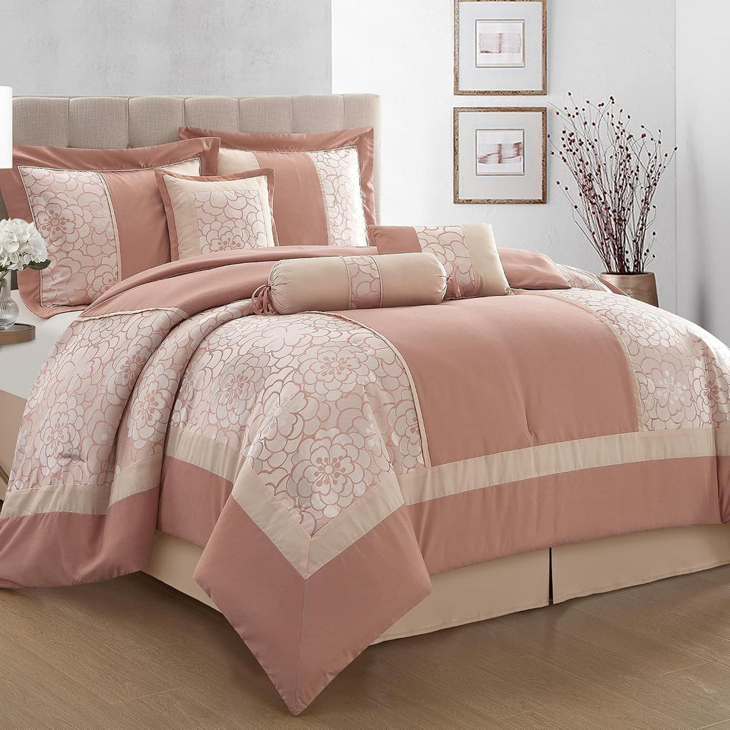 LANCO MODERN LIFESTYLE 7 Piece California King Comforter Set, Blush, Elegant Floral Jacquard, Stylish and Cozy Bedding Collection, Premium Bedding Set with Bedskirt, Shams and Pillows