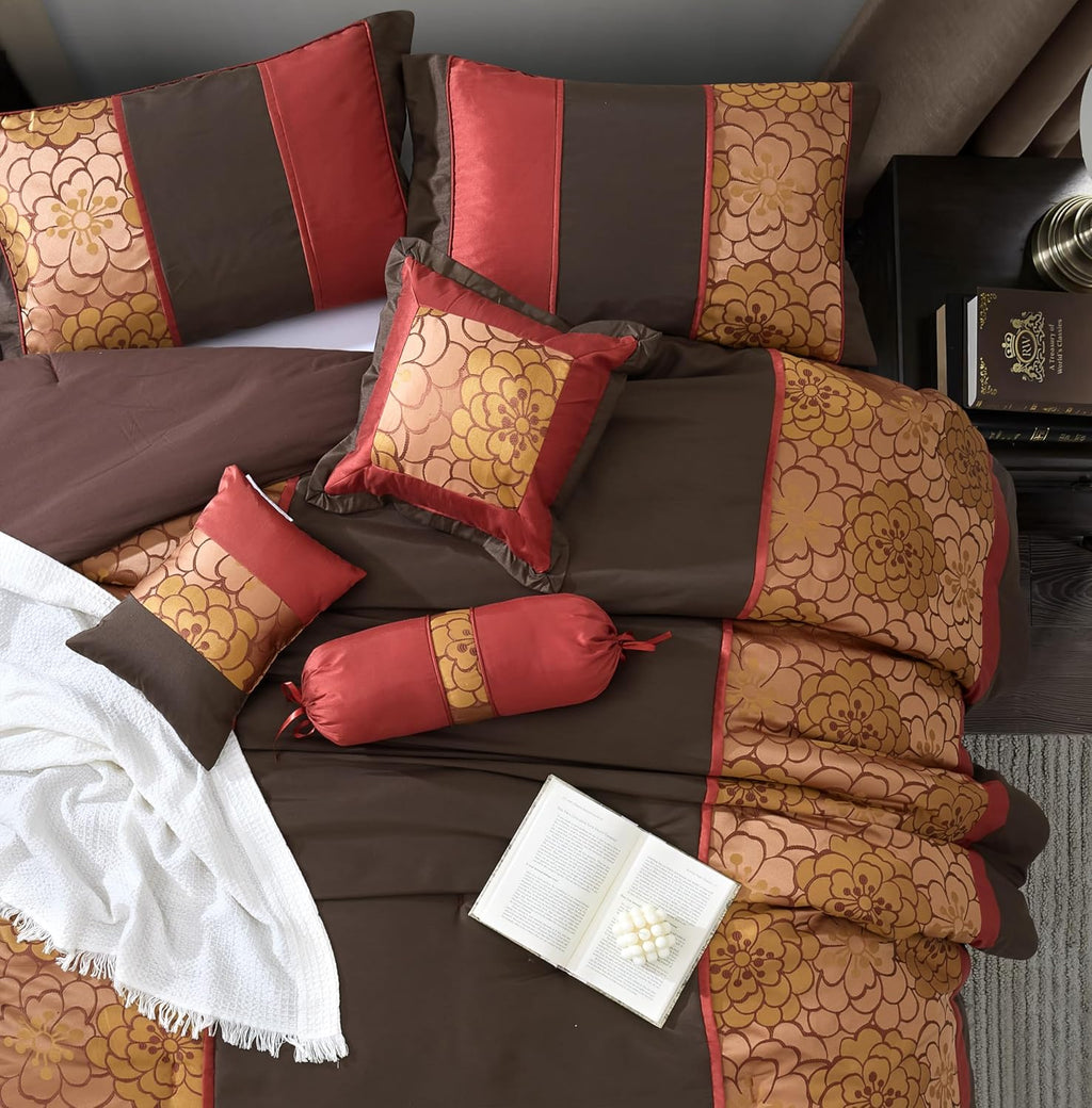 Grand Avenue Red/Brown Cal King Comforter Set, 7 Piece, All Season Premium Bedding Set, Bedskirt, Pillows & Shams, Ultra-Soft