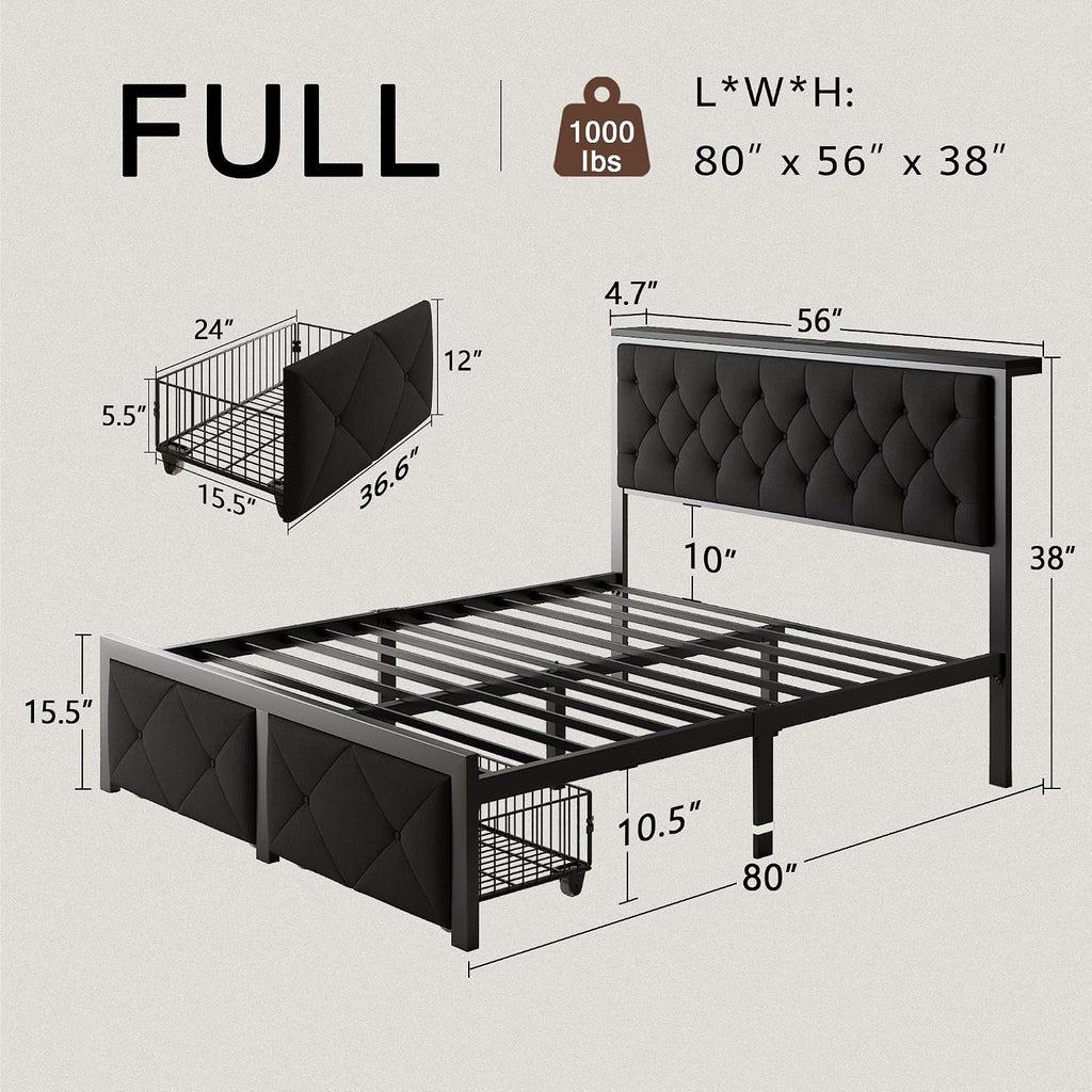Einhomn Full Size Bed Frame with 2 Storage Drawers, Metal Platform Bed with Charging Station, Upholstered Linen Button Tufted Storage Headboard, No Box Spring Needed, Easy Assembly, Noise Free, Black