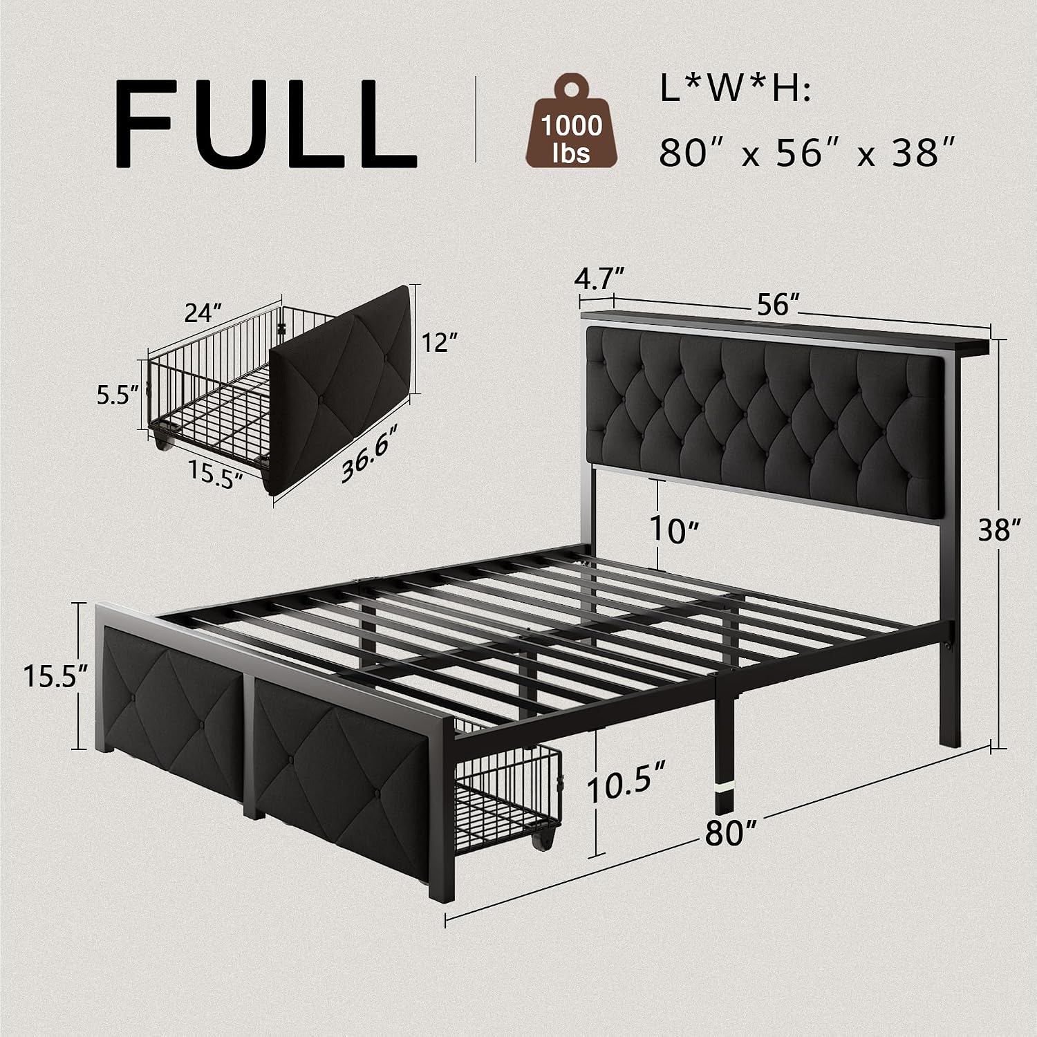 Einhomn Full Size Bed Frame with 2 Storage Drawers, Metal Platform Bed with Charging Station, Upholstered Linen Button Tufted Storage Headboard, No Box Spring Needed, Easy Assembly, Noise Free, Black