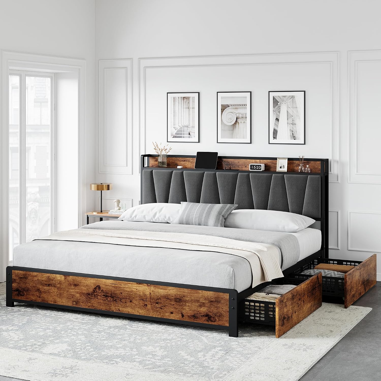 GarveeHome King Size Bed Frame with 4 Storage Drawers, Upholstered Storage Charging Headboard, Heavy Duty Metal Platform Bed Frame, Noise Free, No Box Spring Needed, Rustic Brown