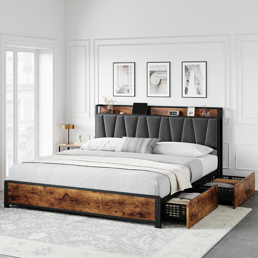 GAOMON King Size Bed Frame with Storage Linen Upholstered Headboard, 4 Drawers Platform Bed Frame with Charging Station, No Box Spring Needed, Easy Assembly, Vintage Brown