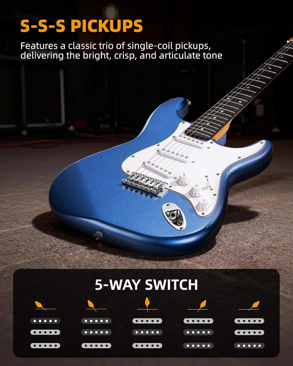 LEKATO Beginner Electric Guitar Kit 39 Inch Full Size Solid Body Guitar SSS for Starter Roasted Maple Neck Stainless Steel Frets, 5w Plug-in Amp, Bag, Tuner, Capo, Strap, Picks, String, Cable - Blue