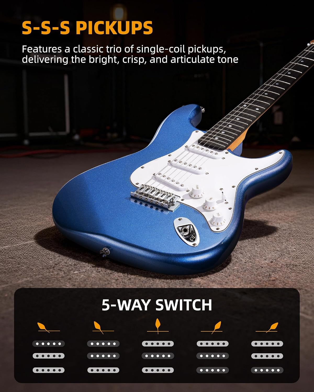 LEKATO Beginner Electric Guitar Kit 39 Inch Full Size Solid Body Guitar SSS for Starter Roasted Maple Neck Stainless Steel Frets, 5w Plug-in Amp, Bag, Tuner, Capo, Strap, Picks, String, Cable - Blue