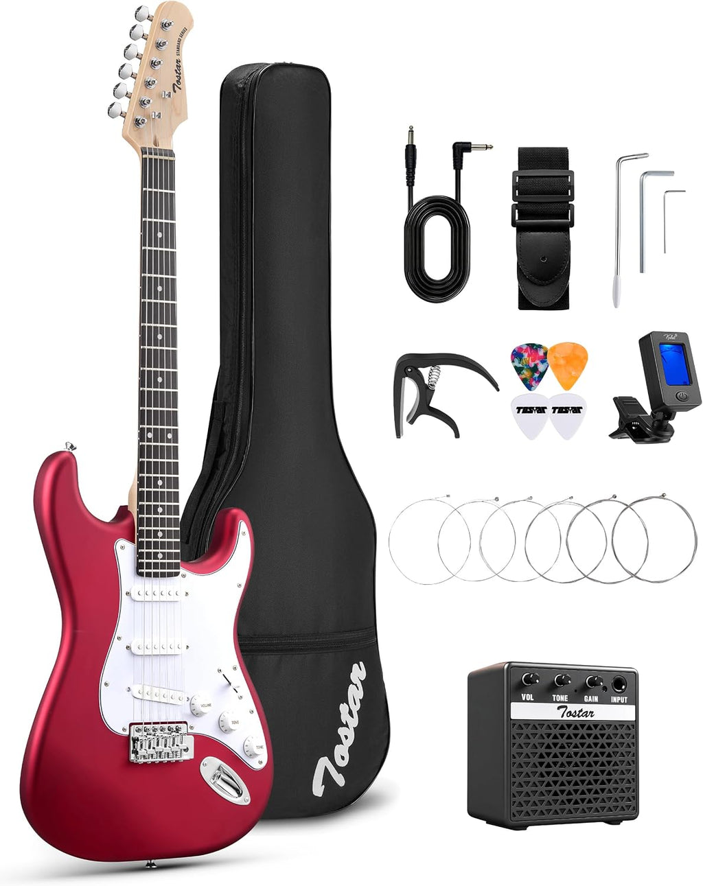 Tostar 39' Full Size Electric Guitar Kit For Beginners and Adults, SSS Pickup Guitarra Electrica Set Includes Tremolo Bridge, Lightweight Matte Finish, Amp, Strings, Gig Bag, Birthday Gifts, Red