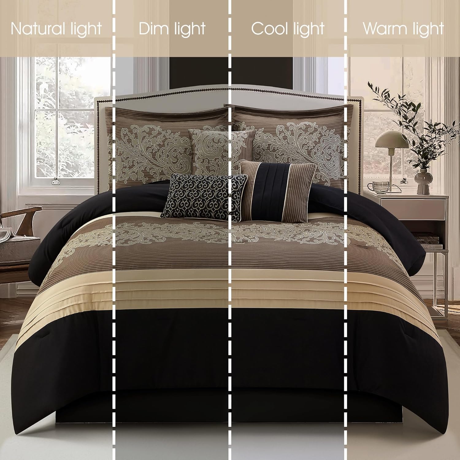 Stratford Park Black/Gold Bed Comforter King Set, 7 Piece, Ultra Soft, Premium Microfiber, Pillow Shams Bedskirt, Jacquard Bedding Set, All Season