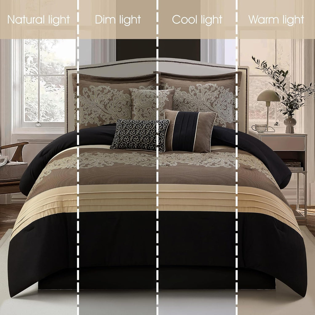 Stratford Park Black/Gold Cal King Comforter Set, 7 Piece, Bedding Sets & Collections, Pillow Shams Bedskirt, Jacquard Comforters, All Season