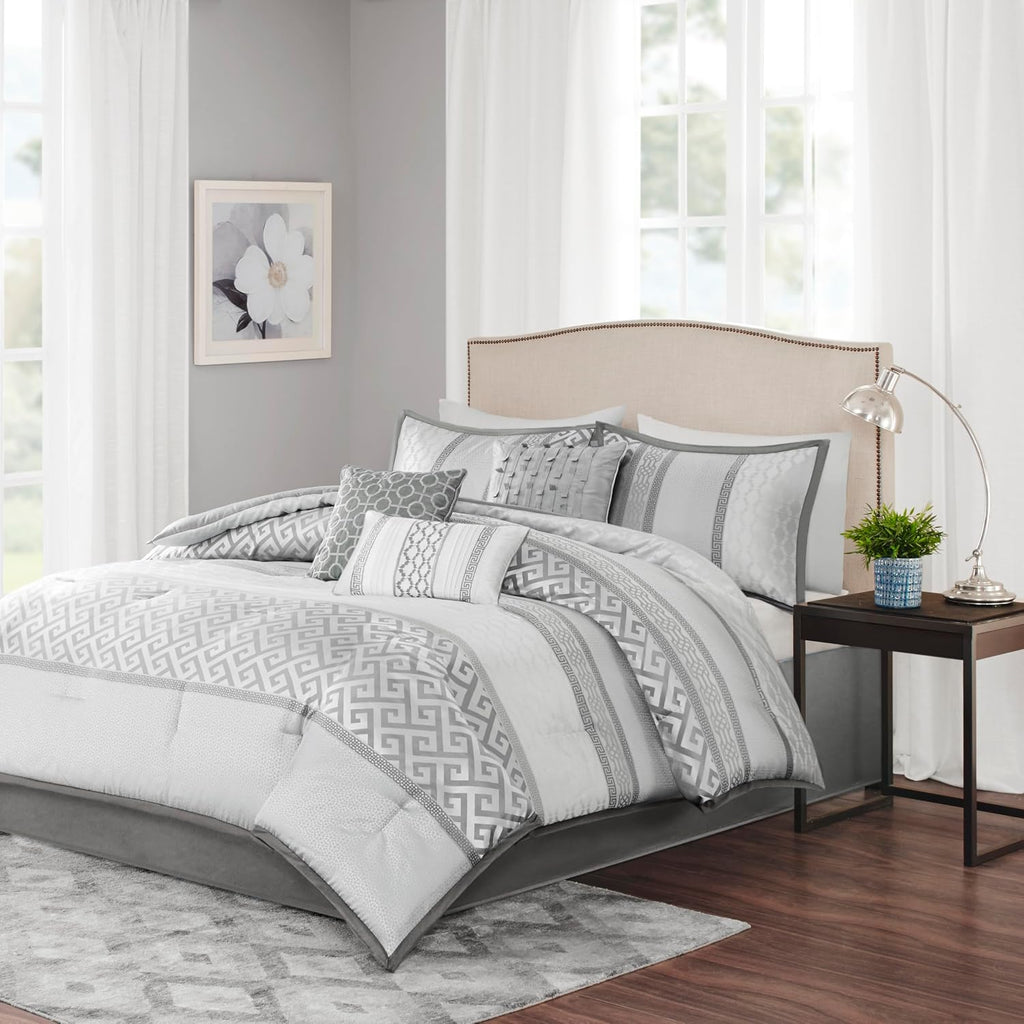 Madison Park Luxury Comforter Set-Traditional Jacquard Design All Season Down Alternative Bedding, Matching Bedskirt, Decorative Pillows, King(104'x92'), Bennett, Geometric Grey, 7 Piece