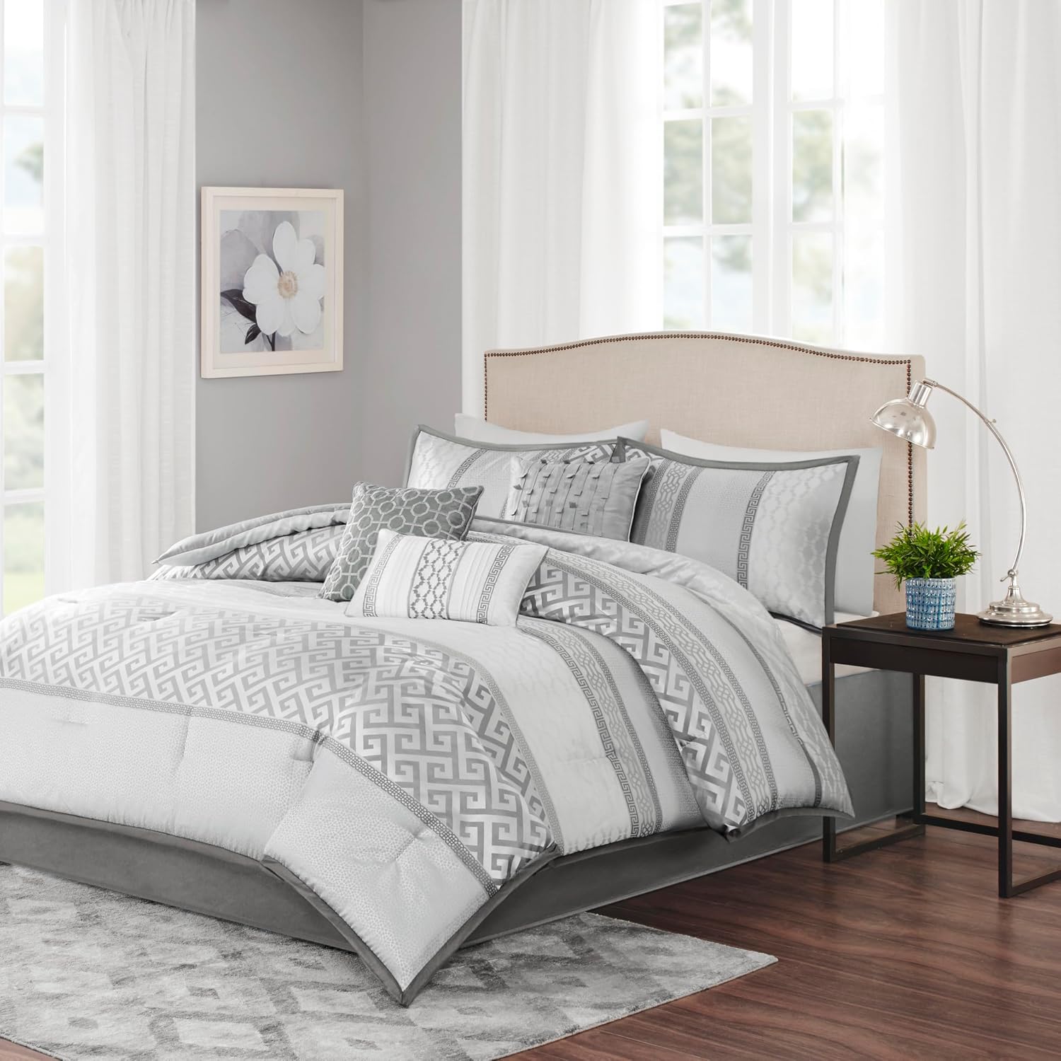 Madison Park Luxury Comforter Set-Traditional Jacquard Design All Season Down Alternative Bedding, Matching Bedskirt, Decorative Pillows, King(104'x92'), Bennett, Geometric Grey, 7 Piece