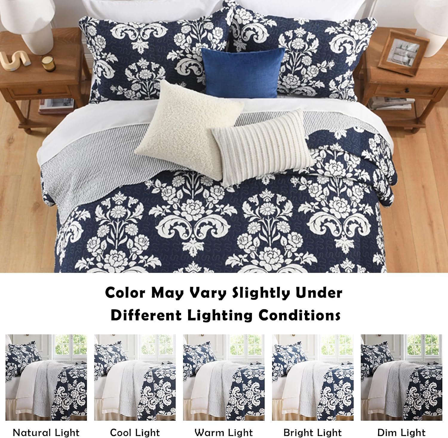 King Size Quilt Set, 100% Cotton Navy Blue Quilted Bedspread Set, Navy Blue White Floral Pattern Farmhouse Reversible Quilt Bedding Set for All Season, 3-Piece Quilt Set