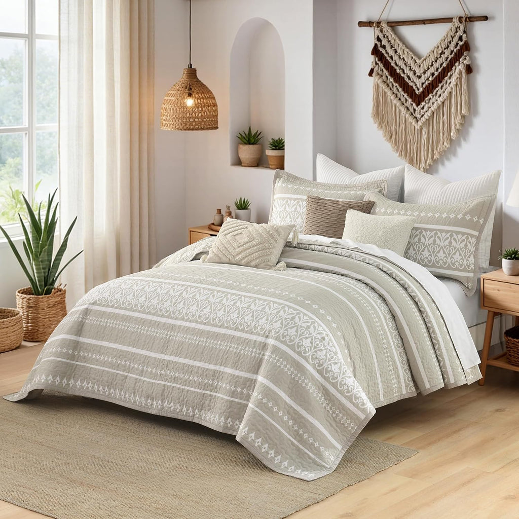 100% Cotton Quilt Set King Size - Beige and White Boho Quilt Bedding Set - Bohemian Striped Quilt Set with 2 Shams - All-Season Lightweight Coverlet & Bedspread 3 Piece