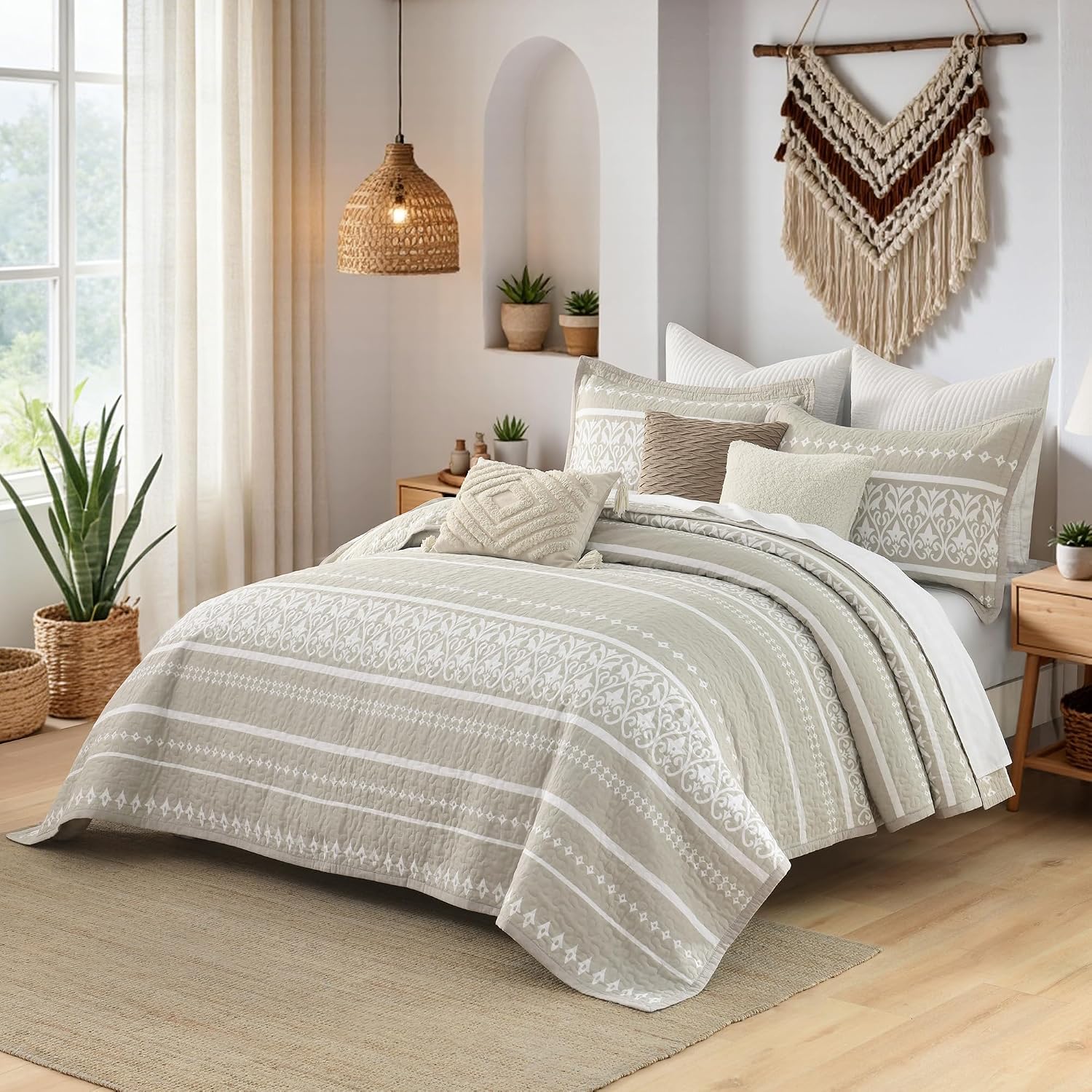 100% Cotton Quilt Set King Size - Beige and White Boho Quilt Bedding Set - Bohemian Striped Quilt Set with 2 Shams - All-Season Lightweight Coverlet & Bedspread 3 Piece