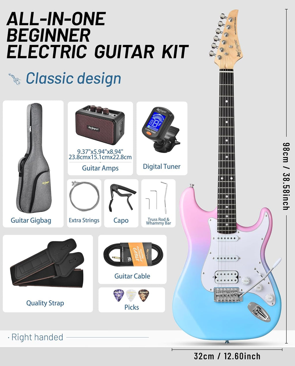 Leo Jaymz Beginner Electric Guitar 39' Kit with Portable Amplifier, Padded Gig Bag, Digital Tuner，Capo，Strap，Picks， HSS Pickups(Pink-Blue Fade-HSS)