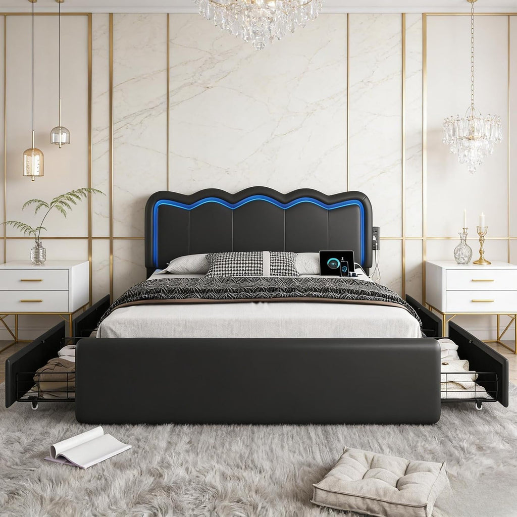 Queen Size Bed Frame with 4 Storage Drawers and LED Lights, Upholstered Platform Bed with Adjustable Chic Double Wavy Headboard, Charging Station, Metal Slats Support, No Box Spring Needed, Black
