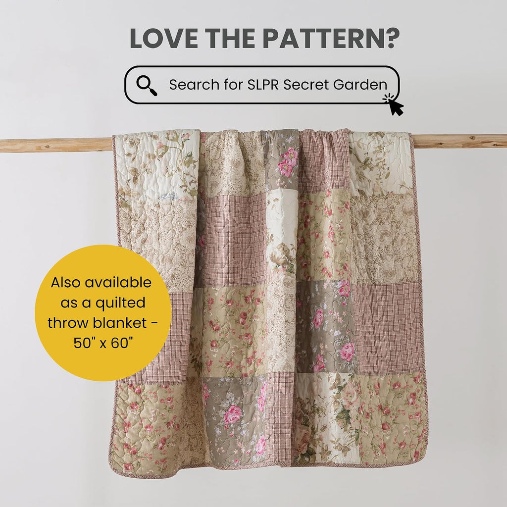 SLPR Secret Garden Patchwork Cotton Pieced Quilt Set - King with 2 Shams, Country Shabby Chic Bedding with Flower Pattern, Pink Floral Farmhouse Quilted Bedspread for All Seasons