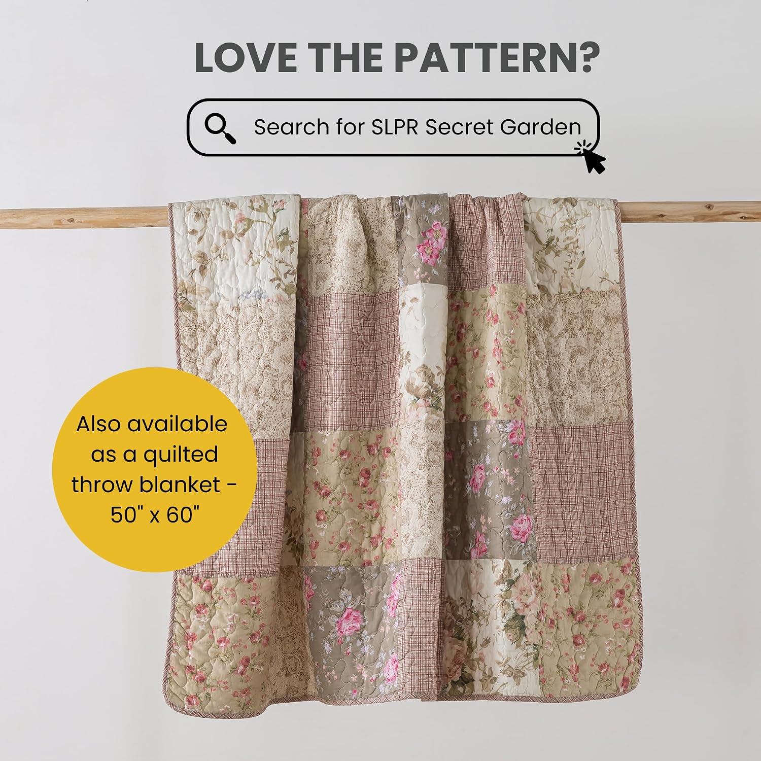 SLPR Secret Garden Patchwork Cotton Pieced Quilt Set - King with 2 Shams, Country Shabby Chic Bedding with Flower Pattern, Pink Floral Farmhouse Quilted Bedspread for All Seasons