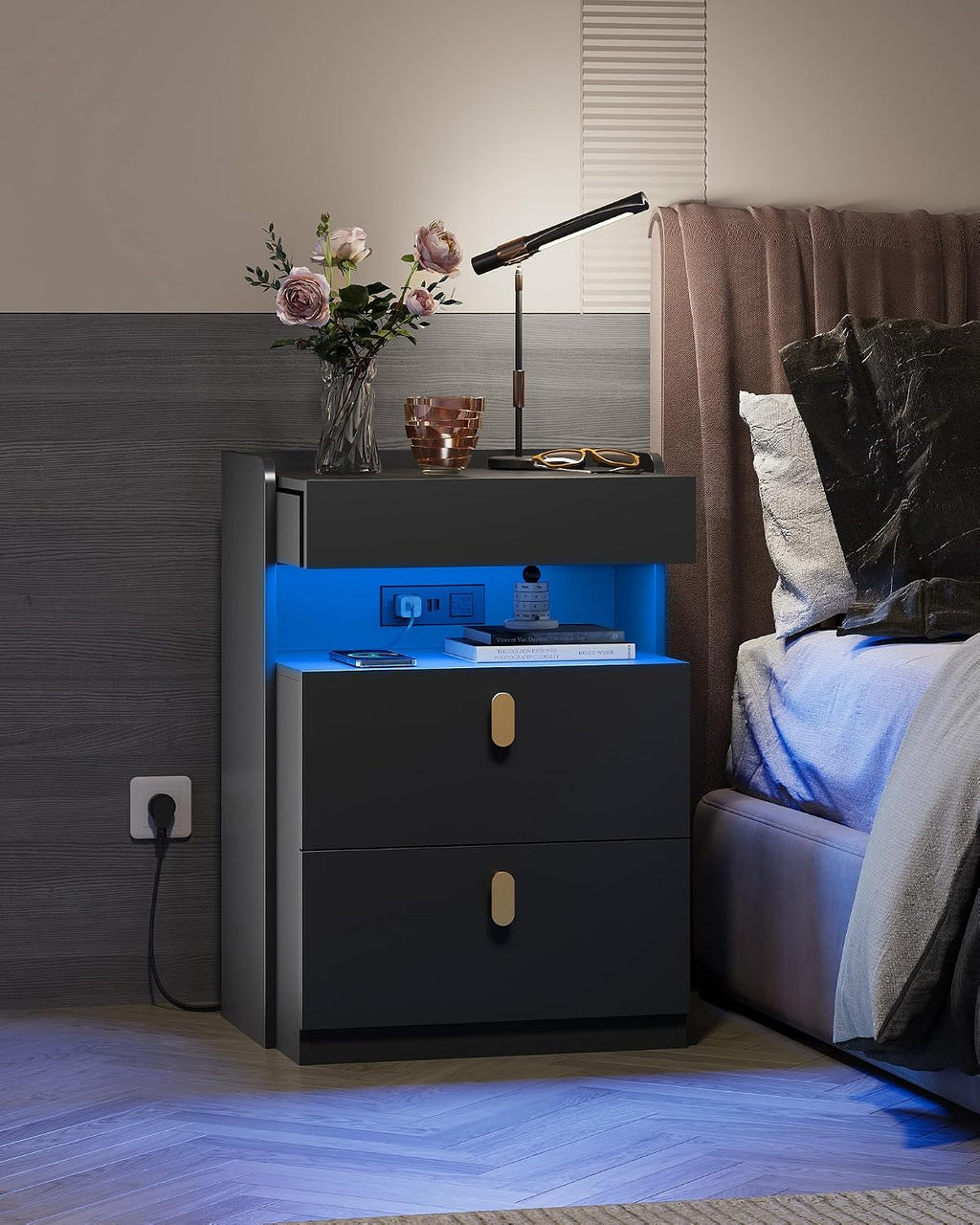 WLIVE Black LED Nighstand Set of 2 with Charging Station, Night Stands Sets with Sliding Top, Bedside Tables with Drawers, End Table for Bedroom, Living Room, Black