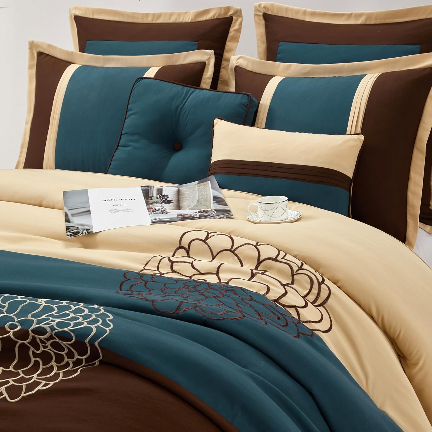 Grand Avenue Brown/Blue Cal King Comforter Set, 8 Piece, Ultra Soft, Premium Microfiber, Bedskirt, Pillows & Shams, Home Decor
