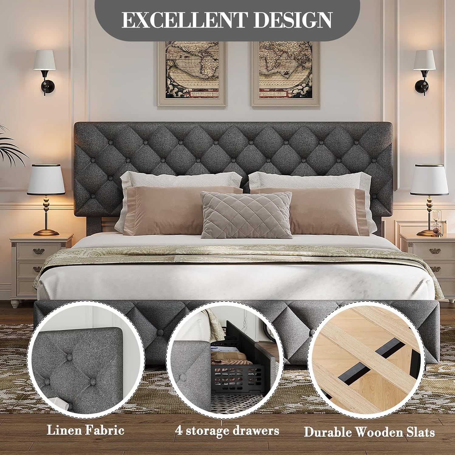Full Size Bed Frame with 4 Storage Drawers & Headboard, Linen Upholstered Platform Bed Frame, Stylish Diamond Tufted Design, No Box Spring Needed | Grey
