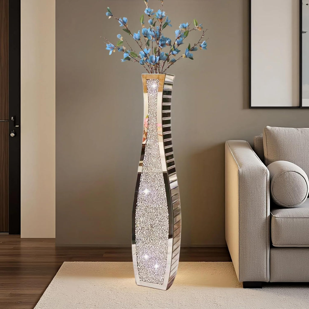36' Extra Tall Double Sided Crushed Diamond Vases, Mirrored Silver Vase,Floor Vases Decorative Tall, Large Decorative Vase for Home,Office,Hotel Decor(7.72' L x4.33 W x 36' H)
