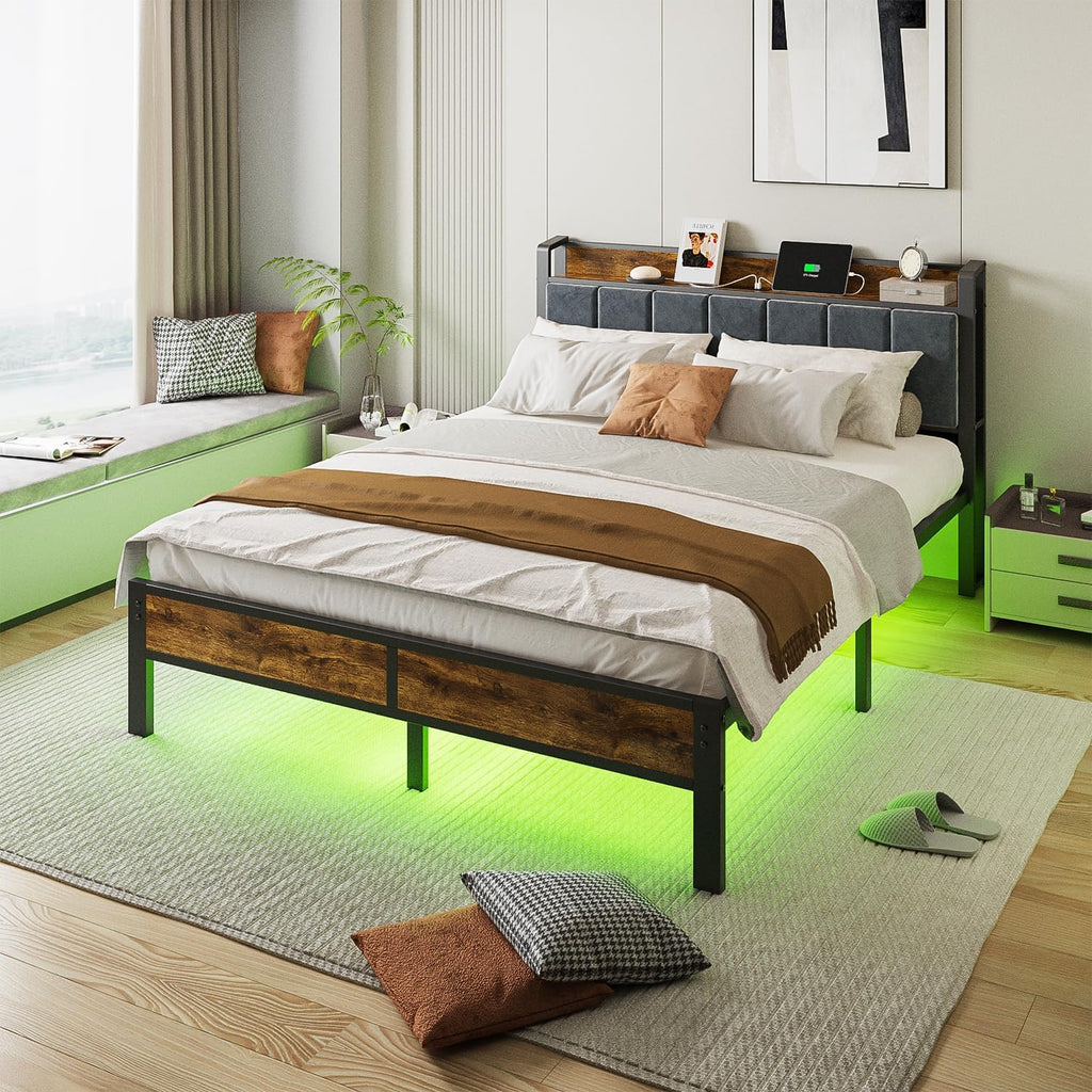 ALBERTO Queen Size Bed Frame with LED Lights, Upholstered Headboard with Storage and Charging Station, Metal Platform with Slats, No Box Spring Needed, Easy Assembly