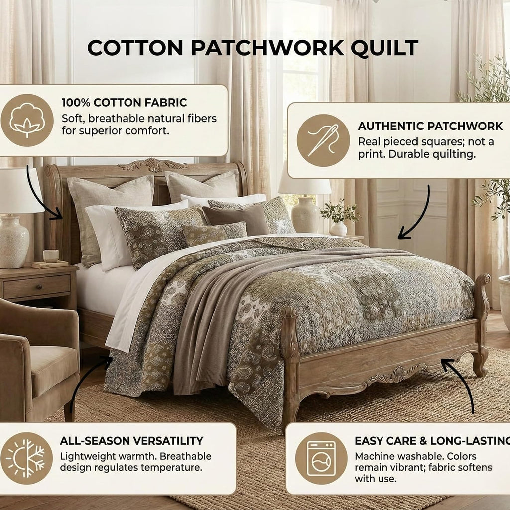DaDa Bedding Bohemian Cotton Real Patchwork Floral Quilt Bedspread - Moroccan Dreams Filigree Paisley Olive Green Brown - Reversible Multi-Colorful Rustic Quilted Coverlet Set - Twin - 2-Pieces