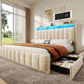 DWVO Full Size Bed Frame with 4 Storage Drawers and RGB LED Lights, Velvet Upholstered Platform Bed with Charging Station and Storage Headboard, No Box Spring Needed, Easy Assembly, Beige