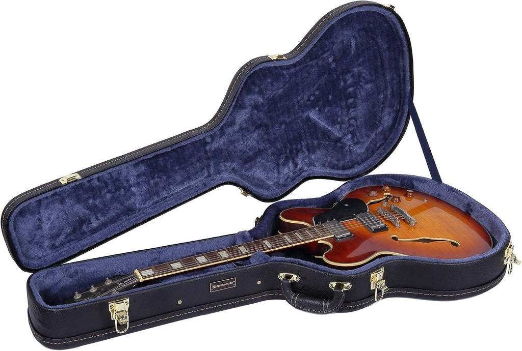Crossrock Wooden Guitar Case Fits 335 Style 6-String Semi-Hollow Electric Guitars- Stainless Steel Latches, Sponge Lining, Metal Feet, Storage Space-Black (CRW620SABK)