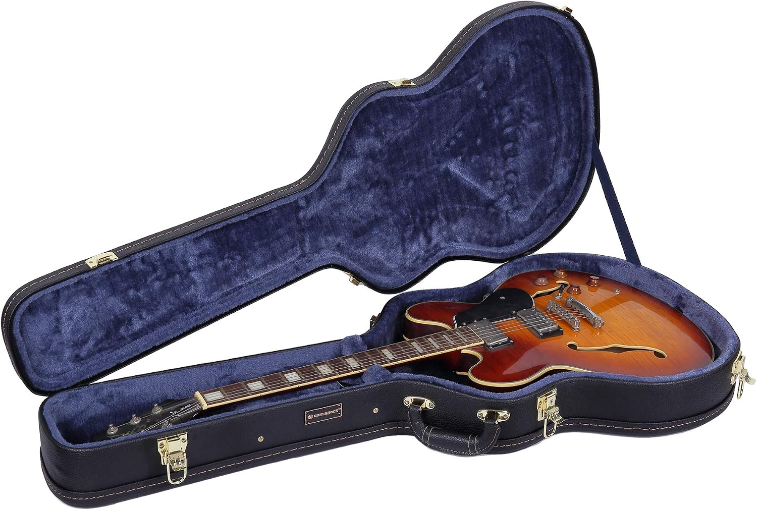 Crossrock Wooden Guitar Case Fits 335 Style 6-String Semi-Hollow Electric Guitars- Stainless Steel Latches, Sponge Lining, Metal Feet, Storage Space-Black (CRW620SABK)