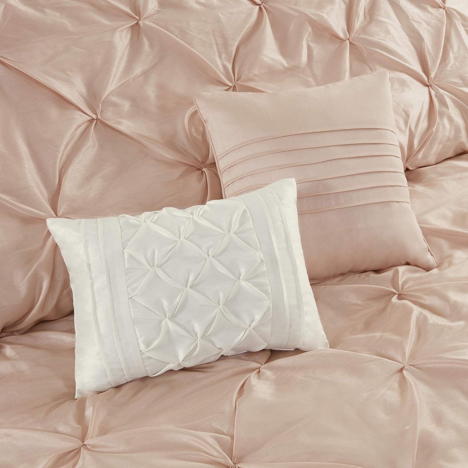 Madison Park Essentials Room in a Bag Faux Silk Comforter Set-Luxe Diamond Tufting All Season Bedding, Matching Curtains, Decorative Pillows, Cal King(104'x92'), Blush 24 Piece (MPE10-811)