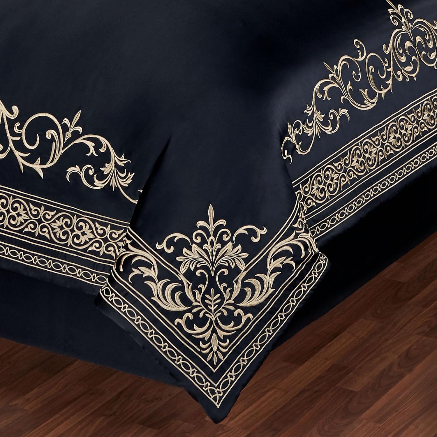Kensington Luxury Bedding | Classic Black | Palace-Inspired Golden Scrollwork Embroidery | 11 Pc Set with Queen Comforter, Bedskirt, 2 Std Shams, 2 Euro Shams, 2 Euro Pillow Inserts, and 3 Pillows