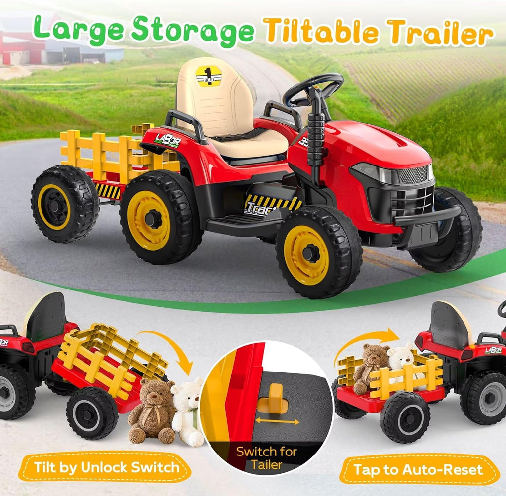ANPABO 24V Ride On Tractor w/Tiltable & Detachable Trailer, EVA Tires, Up to 4.3Mph, Ride On Toys with Parental Remote, Realistic Tractor Sound & Chimney, Music Player, LED Light, Red