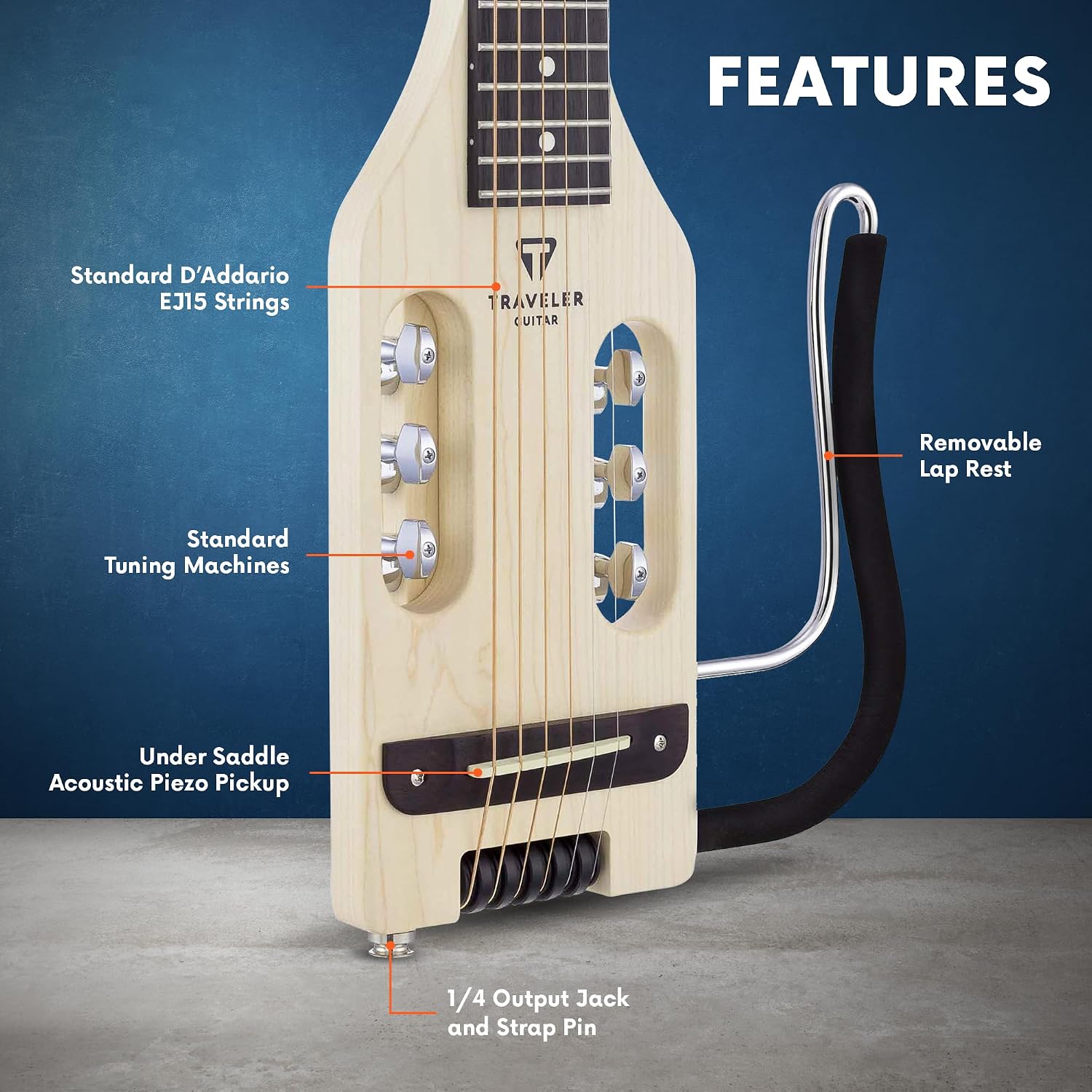 Traveler Guitar Ultra-Light Acoustic Guitar Maple | Portable Acoustic with Removable Lap Rest | Full 24 3/4' Scale Headless Guitar | Custom Gig Bag Included