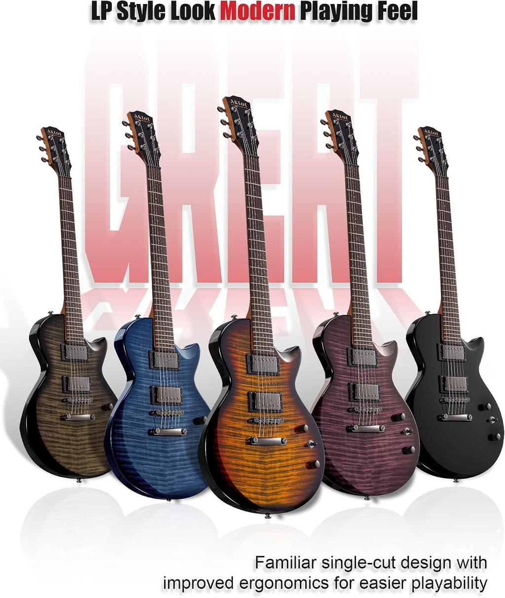 AKLOT 24-Fret Electric Guitar Kit – Single Cut (LP Style), Modern Playability with Coil-Split Humbucker Pickups, Essential Accessories Included, Inferno Burst